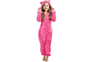 Generisch Teddy Fleece Einteiler Overall Mädchen Langarm Fleece Onesie Kinder Mit Niedlich Bärenohren Kapuze Und Reißverschluss Warm Plüsch Schlafanzug Herbst/Winter Pyjama Schlafoverall Hausanzug