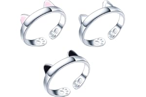 DHWEKU 3 Piezas Anillo de Plata 925, Ajustable para Mujer y Niña, de Compromiso Abierto, Lindo Anillo de Gato