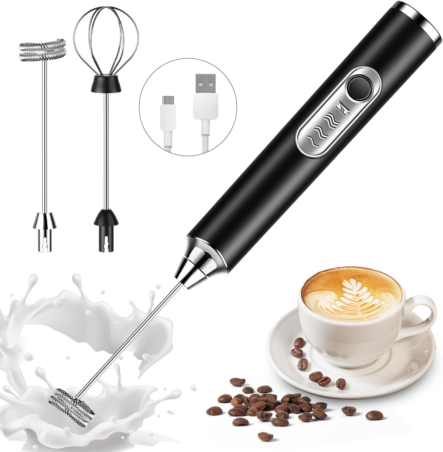 Konquer TimeS Handheld Milk Frother Rechargeable, 3-Speed Electric Frother for Coffee with 2 Whisks, Coffee Frother Mixer, St