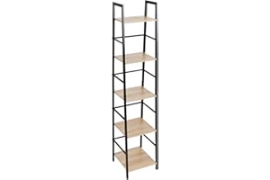 C-Hopetree Ladder Bookcase Bookshelf Storage Shelf Vintage Industrial Plant Display Stand Rack Shelving, Home Office Accent Furniture, Black Metal Frame, 5 Tier Slim