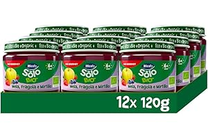 Hero Solo Bio - Omogeneizzato di Frutta Biologico per Neonati, Gusto Mela, Fragola e Mirtillo, Senza zuccheri aggiunti, Senza glutine, 12 Vasetti da 120 g