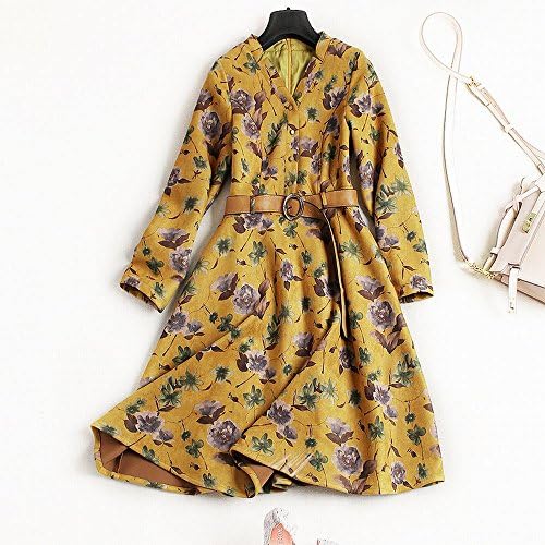 Y dress Autumn and Winter Women Vintage Printing V Collar Dress Skirt with Fashion Belt,Yellow,L
