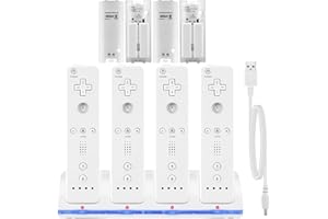 ROSEBEAR Cargador para Mando a Distancia de Wii, Base de Carga Wii con 4 Baterias Recargables de 2800mAh, Estación de Carga para Mandos Wii Remoto, USB, Blanco