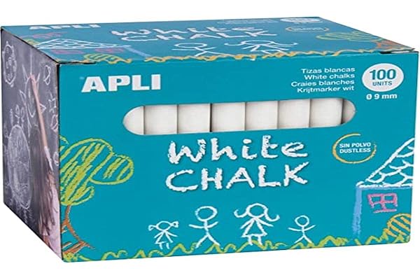 Apli 14577 Craies Blanches Dustless 100 Unités – Craies Rondes 9x80 mm pour Tableau Noir, Écriture Propre Sans Poussière, Usage Scolaire et Créatif