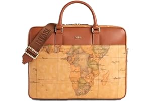ALVIERO MARTINI 1A CLASSE ALVIERO MARTINI CARTELLA DA LAVORO UOMO DONNA G310 COLORE BEIGE STAMPA GEOGRAFICA CON INSERTI IN PELLE CUOIO