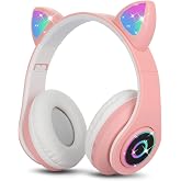 Sendowtek &Ccedil;ocuk Kulaklık, Kız &Ccedil;ocukları Bluetooth Kulak &Uuml;st&uuml; Sevimli Kedi Kulaklı &Ccedil;ocuk Kulaklığı LED Işıklı, Katlanabilir Ka