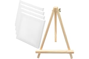 POXIAOER Canvas for Painting, 4 Pack Blank Canvas Panels Framed 100% Cotton Pre-Stretched Artist Canvas Boards for Acrylic Painting, Oil Painting with 1 Canvas Easel (20x20cm/8x8inch)