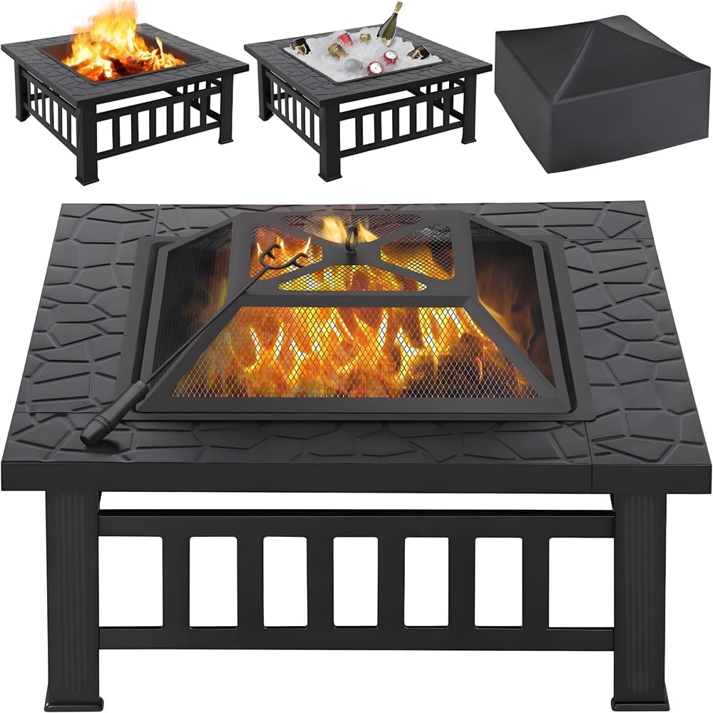 Yaheetech Brasero Exterior Jardin Grande 3 en 1 Chimeneas de Leña para Terraza Estufa al Aire Libre para Camping Cuenco para Hogueras 81x 81x 50cm