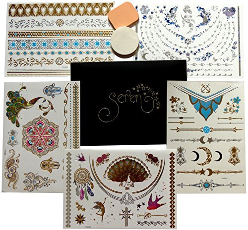 Gorgeous Party SET of 5 LARGE SHEETS Premium Metallic Gold, Silver, Turquoise And Multi-Coloured Temporary Tattoos: Over 70 Designs In A Pack From Seren® With 2 Handy Sponge Applicators