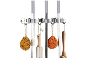 DOULEIN Portascopa e Portaspazzole da Muro,Porta Scopa da Parete 3 Posti e 4 Ganci Acciaio Inossidabile Supporto per Scopa ，per Cucina, Bagno, Garage