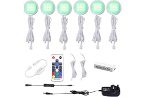 AIBOO Under Cabinet Kitchen Lights RGB 6 Pack with Remote,LED Under Cabinet Light Colour Changing Puck Light 12V Ultra Slim Dimmer&Timer Under Cupboard Kitchen Lights Pulg in,Under Counter Light