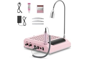 GJCRAFTS Ponceuse à ongles électrique 4 en 1 avec extracteur 60 W et filtre lavable – Coupe-ongles professionnel 30000 tr/min avec lampe LED 5W, 50 limes demi-lune double face pour pédicure et manucure (Pink)