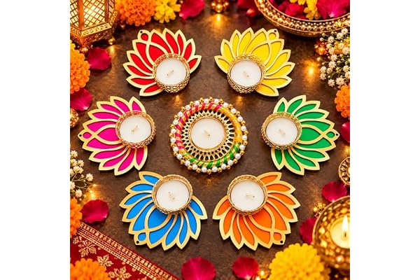 Gåva Jaipur trä flerfärgad mix lotus CHUDI Diya Rangoli 7 st ljus med vax | Deepak för hem tempel dekorationer på Diwali Dusshera bröllop Pooja nyår