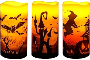 ONBAGLST 3 PCS Battery Operated Flameless Halloween Candles with 6 Hour Timer,Genuine Wax Electric LED Halloween Candles with Castle, Witch, Bats for Indoor Halloween Decor