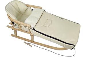 BABYS-DREAMS BAMBINIWELT Kombi-Angebot Holzschlitten mit Rückenlehne & Zugseil + universaler Winterfußsack (108cm) auch geeignet für Babyschale, Kinderwagen, Buggy, aus Wolle Uni