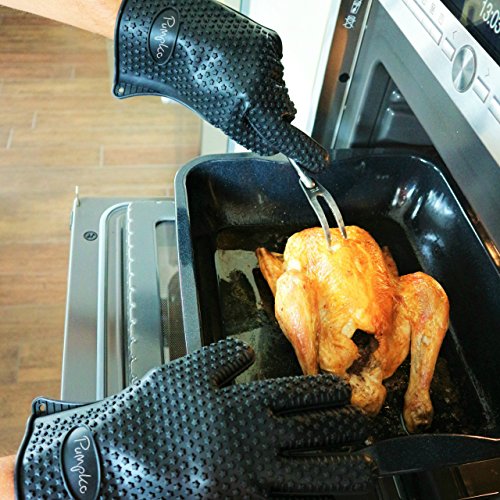 PUMPKO Hochwertige Silikon Ofenhandschuhe | Profi Kochhandschuhe | Classic feuerbeständige Kaminhandschuhe | feuerfest, rutschfest und hitzebeständig | Links und Rechts (Schwarz) - 6