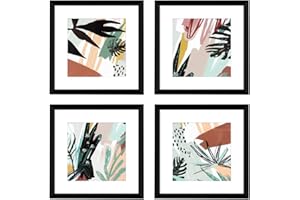 ArtbyHannah Black Framed Wall Art Prints - Abstract Tropical Plant Decor for Living Room Poster Set of 4-25x25cm (10x10 inch) Square Pictures with Mount, Bathroom Bedroom