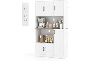 COSTWAY 180cm Tall Kitchen Cupboard, 6-Door Buffet Pantry Storage Cabinet with Built-in Power Outlet & Anti-tipping Device, Freestanding Sideboard Organizer Unit for Dining Room Living Room (White)