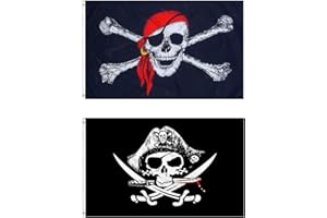 CC WONDERLAND ZONE 3x5 Feet Jolly Roger Halloween Pirate Flag - Skull and Crossbones With Red Scarf, Cross Knife - 2 Pcs Large (90x150cm)