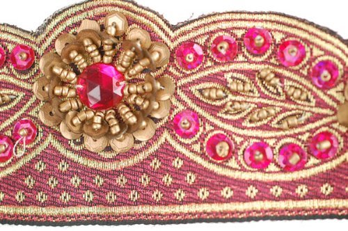 Embellished & Embroidery Indian ribbon, Traditional Sari Border. Sequins, beads , and stones rich hand embroidery on a jacquard Indian ribbon design. A Salwar Kameeze Border; Fabulous Cocktail dress Item! A Original design only available to Neotrims as part of its Special Embellished Trimmings collection for Dressmaking or Interior Decoration. This one is 5.5 cms deep in 3 fabulous colour options. Sold by meter or by a complete Saree Border length of 9 meters