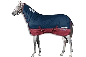 Horses, Coperta da Paddock per Cavallo Turnout Full Neck 400gr, Impermeabile, con il Copricollo Fisso, Resistente, con Cinghie ad Incrocio, Blu/Bordeaux 135 cm