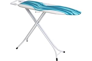 Mabel Home Adjustable Height, Deluxe, 4-Leg, Ironing Board, Additinoal Cover, Foldable, Collapsible, Space Savier Ironing Table, Blue/White Patterned