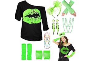 WILDPARTY 80er 90er Jahre Outfit Damen, T-Shirt, Beinwärmer, Stirnband, Ohrring, Halskette, Netzhandschuhe, 80er 90er Jahre Kostüm Mottoparty Accessoires Kleidung JD-80SMouth-Green-S Made In China