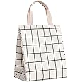LAROKO Lunch Bag, Reusable Insulated Lunch Box Canvas Fabric with Aluminum Foil, Lunch Tote Handbag for Women, Men, Students, Office (White Plaid)