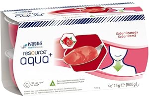 RESOURCE AQUA+ GELIFICADA, Sabor Granada, Hidratación Segura para Personas con Disfagia, Textura Tipo Pudin, Fácil Ingesta, Sin Gluten ni Sacarosa, Paquete de 4 unidades x 125 gr