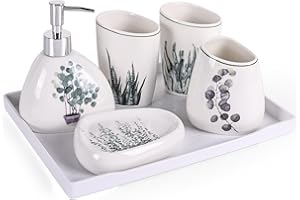 XYQXYQ Elegantes 6-teiliges Keramik-Badezimmer-Set ausgestattet mit Lotionspender Mundspülbecher Make-up-Teller Seifenteller Zahnbürstenhalter und Tablett modernes Badezimmer-Dekorationsset (Baum)