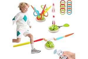 DOEDOEFONG Jeux d'extérieur 3 en 1 pour enfants, jouet de sport d'extérieur avec fusées, corde à sauter, jeu de lancer, musique, 4 vitesses, pour anniversaire d'enfant de 3 à 12 ans
