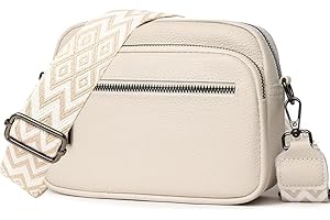 YILCER Cream Crossbody Bag for Women, Small Genuine Leather Camera Handbag Wide Strap Ladies Cross Body Bag, Pom Pom Bags Crossover Shoulder Bags with Adjustable and Removable Guitar Strap, Beige