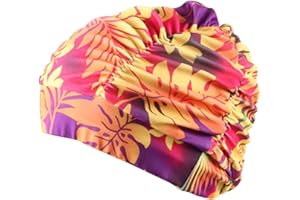 DASNTERED Sombreros de Natación, Mujeres de Moda Plisada Piscina Flor Impreso Adulto Baño Largo Pelo de Natación Cap para Deportes Acuáticos