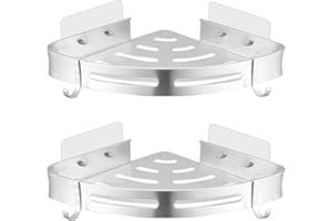 LEADAHEAD Bathroom Corner Shelf No Drilling Self Adhesive Shower Caddy Basket with 4 Hooks Space Aluminum Storage Rack Rustproof Wall Mounted Shower Organiser for Bathroom Accessories | Silver | 2 Pack