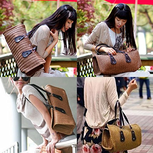 MagiDeal Frauen Stroh Sommer Strand Meer Schultertasche Handtasche Tote – Dunkelbraun, one size - 5