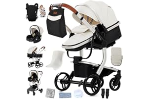 DZIRANAM Passeggino 3 in 1, 0-4 anni, pieghevole, compatto e reclinabile, con seggiolino auto convertibile, accessori - Aggiungi borsa per la mamma, marsupio porta-bebè (Bianco)