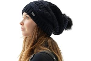 TOP-EX PolarWool™ 100% Wool Slouch Beanie Hats for Women - Ladies Wooly Winter Hat with Chic Fur Bobble, Satin or Fleece Lining