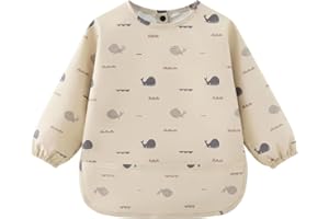 AOOTE Bavaglini a Manica Lunga, Bavaglini Impermeabili con Maniche, Bavaglino per Svezzamento con Tasca, Bavaglino Unisex per Bambini, Lavabile in Lavatrice, Materiale PU, per 6 a 12 Mesi,Balene