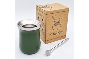 MateyCo Mate argentino con bombilla 236 ml - Kit mate argentino doble pared de acero inoxidable- Set mate argentina (Verde)