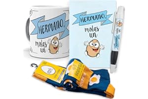 MUNDOHUEVO Super Regalo Personalizado para Hermanos. Hermano molas un Huevo. Taza, libreta, boli y Trio de Calcetines