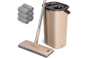 MASTERTOP Mop and Bucket, Hands Free Flat Mop and Buckets Sets, Squeeze Floor Mop with Bucket Wringer, Send 6 Wet and Dry Pads, Floor Cleaning System for Hardwood Laminate Tile Walls Baseboards