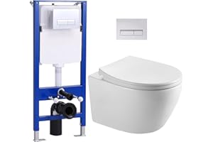 Hänge WC Toilette und Vorwandelement WC Set Komplett, Toiletten mit Unterputz Spülkasten, Glänzende Chromfarbe WC Betätigungsplatte, Wand WC mit Soft-Close Absenkautomatik, WC mit Nano Beschichtung