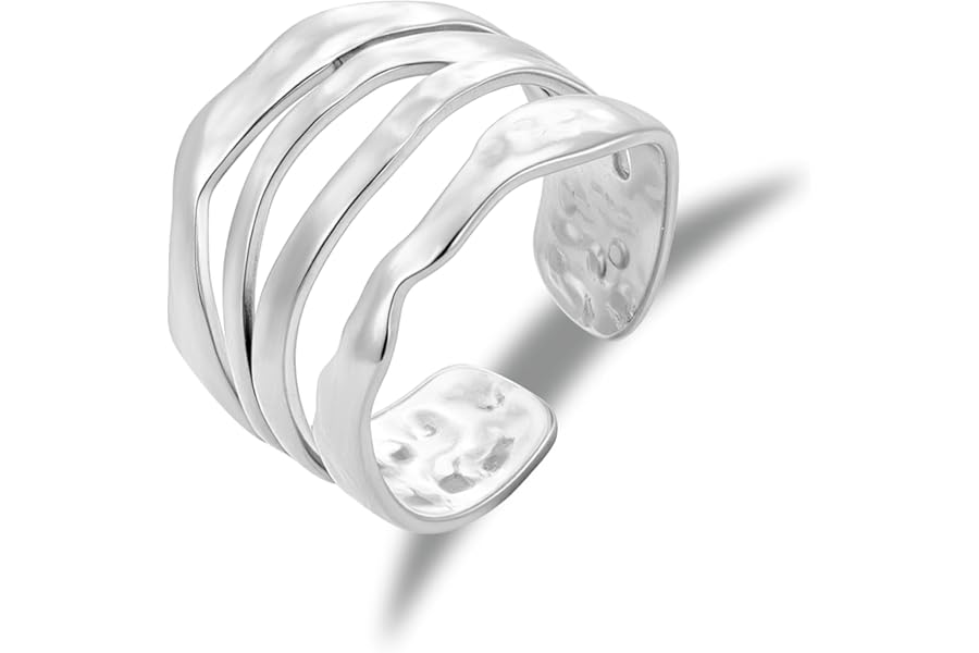 ALEXCRAFT 18K Goldplated Stainless Steel Rings, Hypoallergenic 925 Sterling Silver Large Chunky Wide Hammered Curved Open Rings Adjustable Fixed Stackable Multi Layered Thumb Ring for Women Lady Men