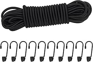 DONDEEN 10M Elastic Cord, 1/4" Thick Shock Cord Heavy Duty 32Ft Elasticated Shock Cord Black Bungee Cords with Hooks for Caravan Camping Cargo Craft Rack (6mm x 10M, Black)