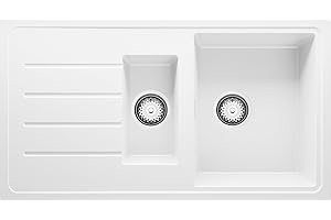 Evier Cuisine en Granit Blanc, 90 x 50 cm, Lavabo 1,5 bac + Siphon Classique, Évier à Encastrer de Primagran