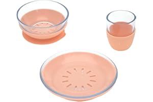 LÄSSIG Zestaw naczyń dla dzieci (kubek, miska, talerze), wytrzymałe, z silikonową podstawką, nadają się do mycia w zmywarce i używania w kuchence mikrofalowej, szklane/silikonowe, pomarańczowe