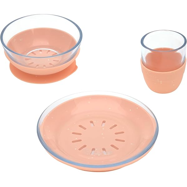 BÉABA, BLW babyservies voor kinderen, 3-delig, glas 2 borden, magnetron- en vaatwasmachinebestendig, gezond, stabiel, licht, onbreekbaar, antislip, met siliconen hoes, terracotta