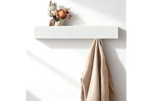 HERKINDNESS Wandgarderobe mit Ablage, weißes Hakenleiste Garderobe, Wandhaken Garderobe mit 5 Versteckten Haken, Oben Kann Man Gegenstände Ablegen, für Wohnzimmer, Flur, Eingang