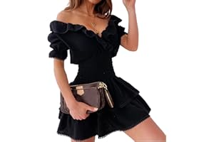 Geagodelia Abito da Donna Elegante Sexy con Scollo a V Mini Abito con Volant a Vita Alta Arricciato Vestito Donna Corto con Maniche Corte a Sbuffo Estivo