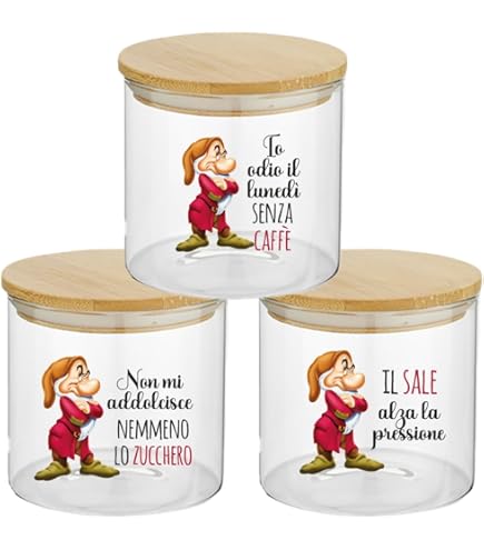 Set Tris Contenitori per Sale Zucchero Caffè Personalizzati con Simpatiche Frasi Napoletane Confezione 3 Barattoli Trasparenti In Vetro Coperchio Legno Idea Regalo Arredo Decorazioni Casa Cucina